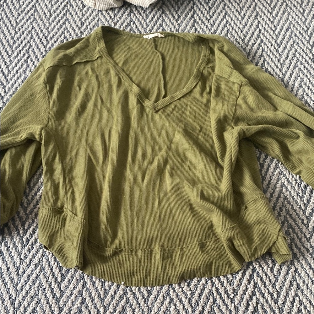Olive Green Balloon Sleeve V Neck Top Alter’d State